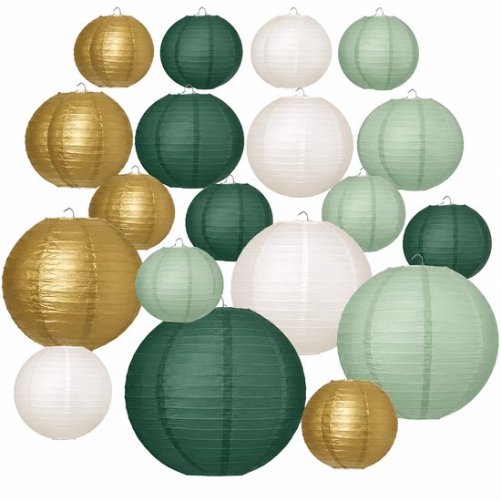 Papieren Lantaarns - Kleurige Ronde Lampions Set van 20 - Hangende Lampions Decoratie in Donkergroen, Lichtgroen, Goud en Wit - Feestelijke Decoratie voor Bruiloft, Tuin, Buiten en Feest
