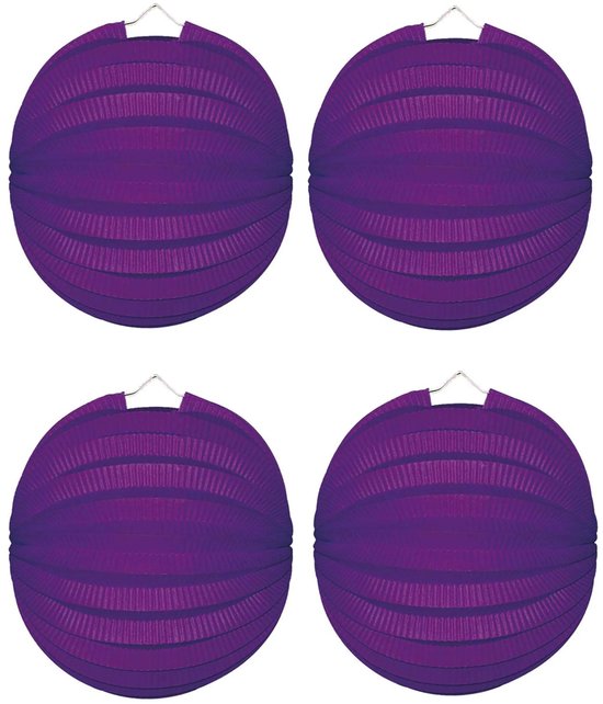 Party lampion van papier - 4x - ronde vorm - paars - dia 22 cm - versiering - niet brandvertragend