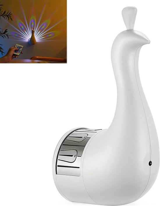 Pauwlamp, Pauwwandlamp, 7-kleurige sfeerlamp met afstandsbediening, USB-oplaadbaar nachtlampje met pauwmotief voor huisdecoratie (wit)