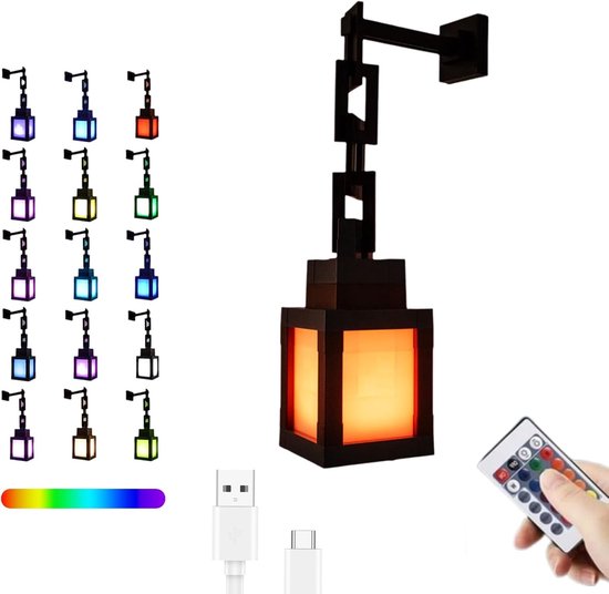 Pixelvormige lantaarn met LED-verlichting - 16-kleurige LED-wandnachtlamp met afstandsbediening - oplaadbare wandnachtlamp - voor slaapkamer- en huisdecoratie - 1 set van Merkloos