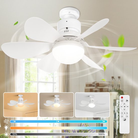 Plafondlampen met Ventilator - 3 kleurtemperatuurverlichting - Doorsnede 52 cm Ventilator Lamp met Afstandsbediening - 40W Plafondventilator met Dimbare LED Lamp - 1/2/4 uur Tmerfunctie - Beschikbaar in Voor Slaapkamer, Woonkamer, Garage enz(Wit) van Rosnek