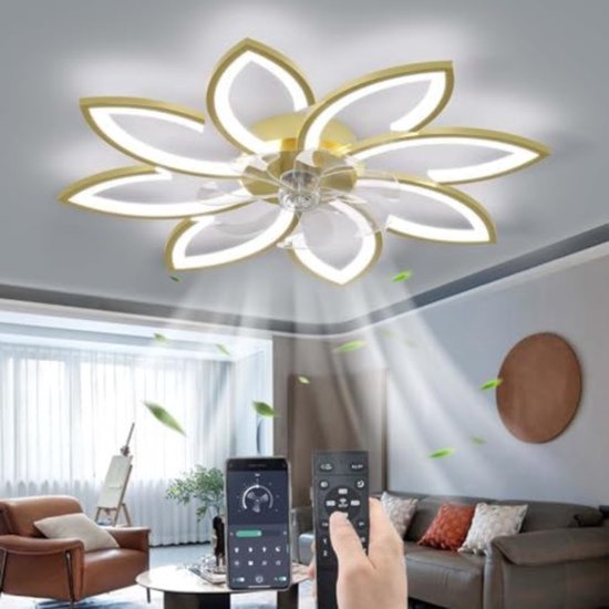 Plafondventilator Slaapkamer - Plafonniere Met Ventilator - Plafondventilator Met Verlichting - Plafondventilator Afstandsbediening - Goud - 90 CM