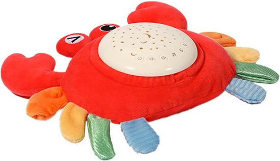 Pluche Muziek Krab - Sterrenprojector Knuffel - Slaap Assistent - Rustgevende Sterrenhemel - 18 x 14 x 6 cm - Rood