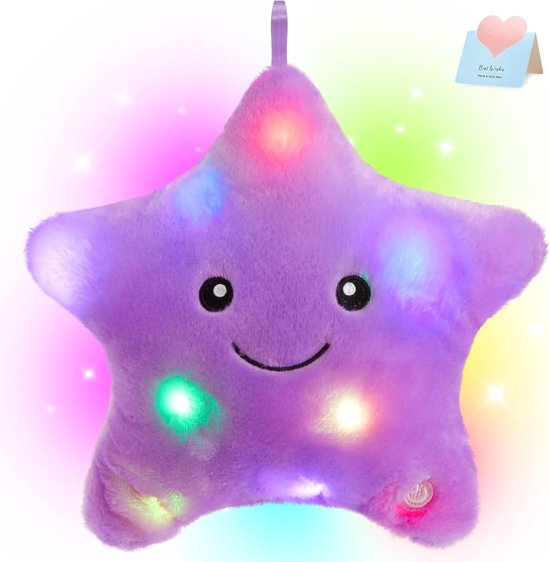 Pluche Ster Kussen - Zachte Knuffel - Nachtlampje Kinderkamer - Ingebouwde LED Lampjes - 20 cm Diameter - Paars