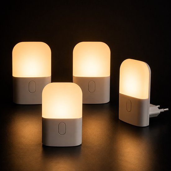 PolkaHome Nachtlampje Stopcontact 4 Stuks – Warm Wit LED Nachtlampje met Lichtsensor en 3 Helderheidsniveaus – Voor Slaapkamer, Hal en Kinderkamer