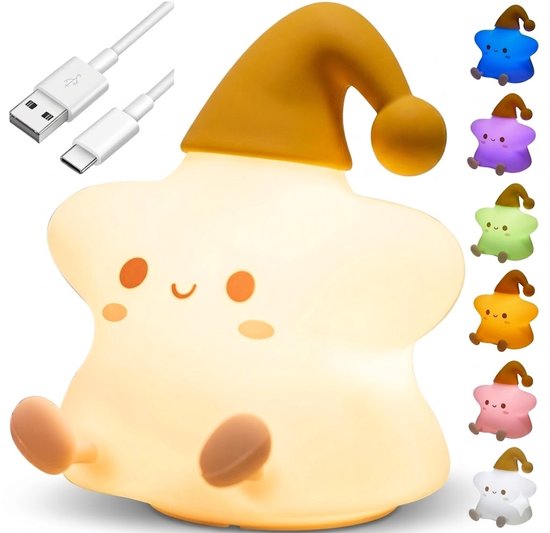 PolkaHome® Ster Nachtlampje Kinderen – 7 Kleuren RGB – USB Oplaadbaar – Dimbaar – Touch Sensor – Siliconen Baby Nachtlamp – Zacht & Veilig – Kinderkamer Lamp
