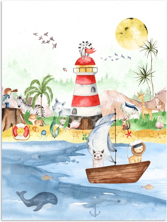 Poster kinderen - Wanddecoratie jongens - Strand - Dieren - Kinderen - Vuurtoren - Poster kinderkamer - 120x160 cm - Decoratie kinderkamers - Kinderkamer decoratie - Poster Babykamer