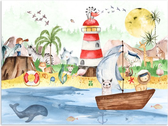 Poster kinderen - Wanddecoratie jongens - Strand - Dieren - Kinderen - Vuurtoren - Poster kinderkamer - 160x120 cm - Decoratie kinderkamers - Kinderkamer decoratie - Poster Babykamer