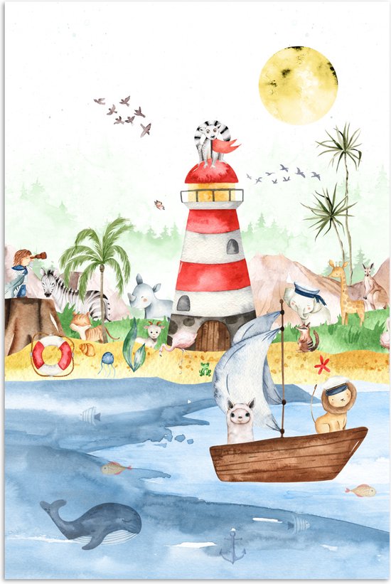 Poster kinderen - Wanddecoratie jongens - Strand - Dieren - Kinderen - Vuurtoren - Poster kinderkamer - 20x30 cm - Decoratie kinderkamers - Kinderkamer decoratie - Poster Babykamer