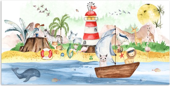 Poster kinderen - Wanddecoratie jongens - Strand - Dieren - Kinderen - Vuurtoren - Poster kinderkamer - 40x20 cm - Decoratie kinderkamers - Kinderkamer decoratie - Poster Babykamer