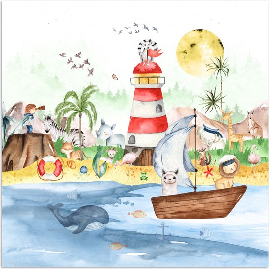 Poster kinderen - Wanddecoratie jongens - Strand - Dieren - Kinderen - Vuurtoren - Poster kinderkamer - 50x50 cm - Decoratie kinderkamers - Kinderkamer decoratie - Poster Babykamer