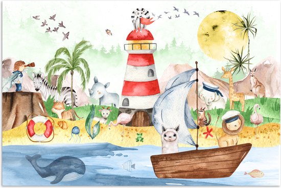 Poster kinderen - Wanddecoratie jongens - Strand - Dieren - Kinderen - Vuurtoren - Poster kinderkamer - 90x60 cm - Decoratie kinderkamers - Kinderkamer decoratie - Poster Babykamer