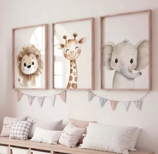 Posters Babykamer - Set van 3 Jungle Dieren - Leeuw, Giraf en Olifant - A3 - Zonder Lijst
