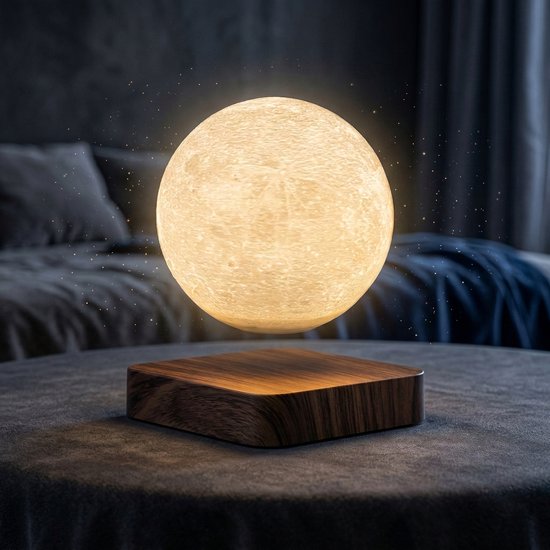 Premium Magnetisch Zwevende Maanlamp - 3D LED Nachtlampje met Houten Voet - 3 Lichtkleuren - Sfeerlamp van Merkloos
