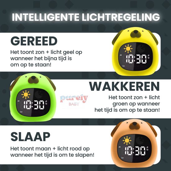 Purely Baby Slaaptrainer Beer - Kinderwekker met Wake Up Light - Slaapwekker met Nachtlamp en Timer Functie - 6 Slaapgeluiden en 3 Lichtindicaties - RGB Kleurmodi met 7 Kleuren - Slaap Trainer voor Kinderen - Kinder Wekker van Purely Baby