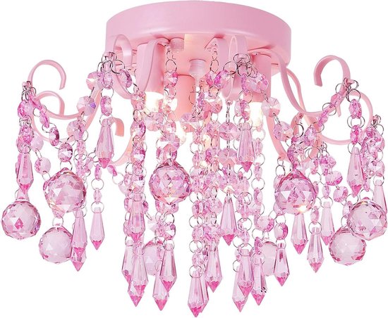 Q&S Mini-kroonluchter van glas, halve inbouwmontage, roze, meisjes, kleine kristallen plafondlamp, voor slaapkamer, badkamer, kast, kleuterschool met 3 lampen