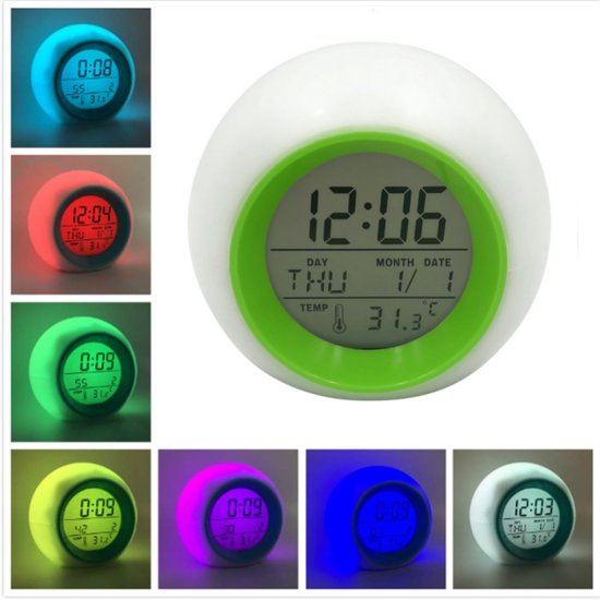 QTTVBTNA - 1 Stuk Groene Wekker met Nachtlamp & Agenda - Multifunctionele Bedside Klok - Wekker met Temperatuur Display - ABS Veilig Materiaal - voor Kinderkamer - 7 Kleuren Veranderende Sfeerverlichting - Groene van Merkloos