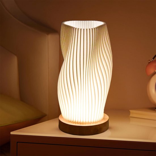 QTTVBTNA -Nachtlamp - LED Nachtlicht - USB-oplaadbare tafellamp - 3D-geprinte dimbare nachtlamp met houten voet, geschikt voor nachtkastjes in de slaapkamer, bruiloften, feesten, evenementen op het terras, binnen- en buitenlocaties - 11*20.5cm