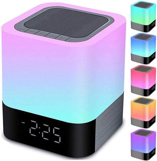 QTTVBTNA – Nachtlamp met Bluetooth Speaker & Wekker – Touch Bedlamp met Dimbaar LED Nachtlicht – Portable speaker – Kleurveranderende Tafellamp met Muziekspeler – Draadloze Speaker voor Slaapkamer, Kinderkamer, Bureau & Cadeaugebruik van Merkloos