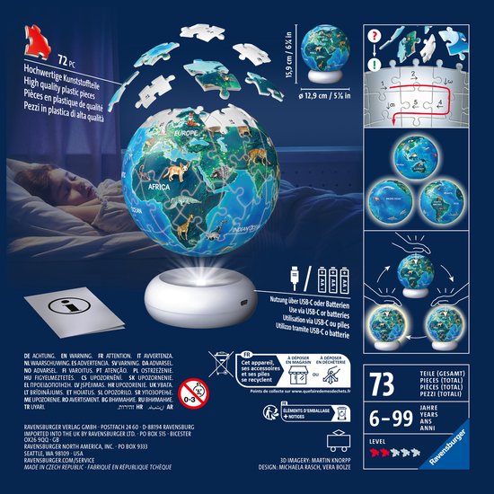 Ravensburger – Aarde met Diermotieven – 3D Puzzle-Ball Nachtlicht – 73 Stukjes van Merkloos
