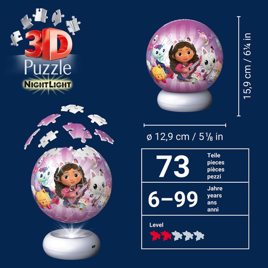 Ravensburger – Gabby’s Dollhouse – 3D Puzzle-Ball Nachtlicht – 73 Stukjes van Merkloos