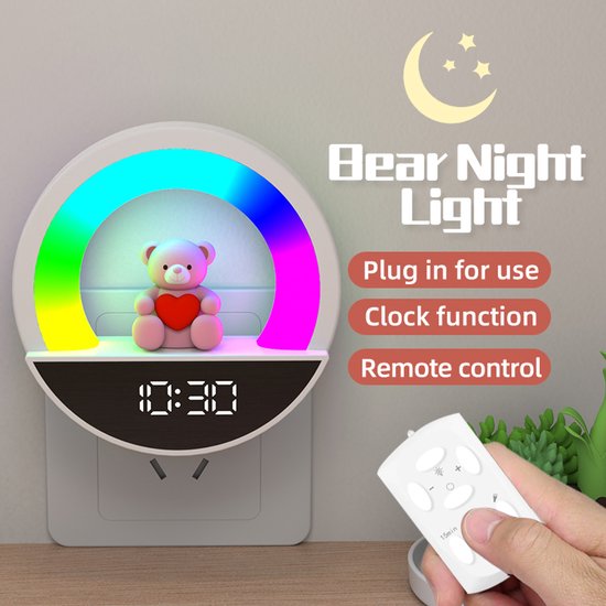 Re-purelife® Slimme Nachtlamp met Klok - Bediening via Apparaat of Afstandsbediening - Geen Sensor - Multicolor LED Sfeerlicht,met Timer en Dimfunctie - Oogvriendelijk en Energiezuinig 9.7x5.6x9.8cm, Mooie Cadeautje - Voor Slaapkamer en Woonkamer van Merkloos