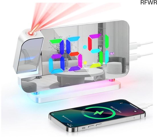 RFWR® Digitale Projectiewecker met RGB-LED Spiegelklok en Nachtlampje - 180° Draaibare Projector voor Kinderen en Slaapkamer van RFWR