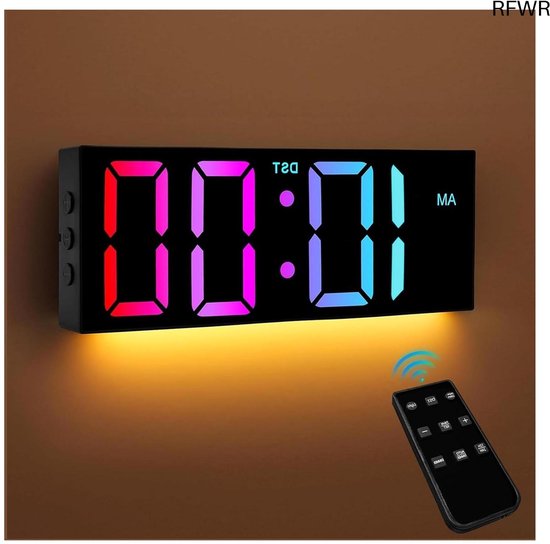 RFWR® Digitale Wandklok 30 cm met Nachtlampje en Afstandsbediening - 8 Kleuren, Automatische Helderheidsregeling