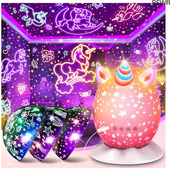 RFWR® Nachtlampje en projector met eenhoorn en sterren voor meisjes van 2-8 jaar van Merkloos