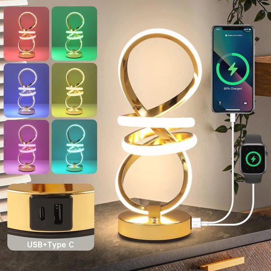 RGB LED Bedlamp met Touch Control en USB-poorten - Dimbaar, 6 Kleuren, 3 Niveaus Warm Wit - Moderne Tafellamp voor Slaapkamer, Kantoor en Woonkamer