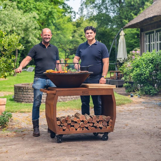 RJRoyal Living Plancha grill BBQ Big Jack 3.0 cortenstaal grillring met houtopslag vuurschaal buitenkeuken grillring met houten snijplank van RJRoyal Living