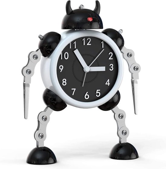 Robot Wekker - Analoge Klok - Kinderkamer Decoratie - Stil Zonder Tikken - 17 x 10 cm - Zwart