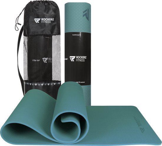 Rockerz Deluxe Yoga mat - Fitness mat - Sport mat - Yogamat anti slip & eco - Extra Dik - Duurzaam TPE materiaal - Incl Draagtas - Kleur: Petrol van Rockerz