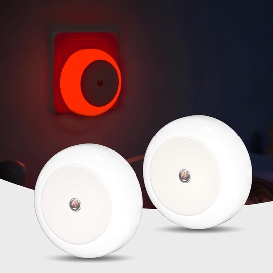Rode kindernachtlamp – 625nm rood licht – babynachtlamp voor stopcontact – met schemeringssensor – automatisch aan/uit – voor slaapkamer, kinderkamer, keuken, badkamer, gang – set van 2.