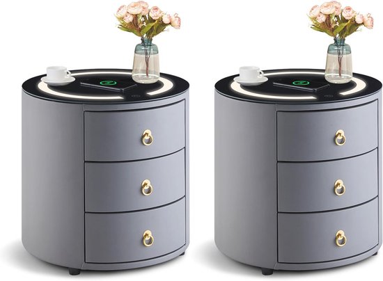 Rond nachtkastje met LED-licht en draadloos oplaadstation van Merkloos