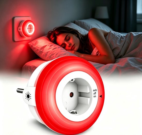 Rood Melatonine Nachtlampje, Automatische lichtsensor, 0% blauw licht, Verstelbare helderheid, ON/AUTO/OFF schakelaar, Slaaphulp voor baby's en nachtvoeding [Energieklasse A+++]