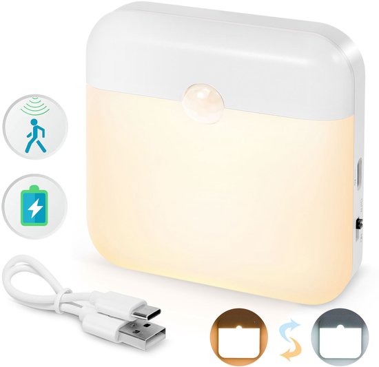 Rosnek 1 Stuk Oplaadbare Draadloze Nachtlamp met Bewegingssensor - 2 Lichtkleuren (Warm Wit/Wit) - Dag & Nacht Sensor - Magnetisch & Plakbaar - Voor Kast, Trap, Slaapkamer van Rosnek