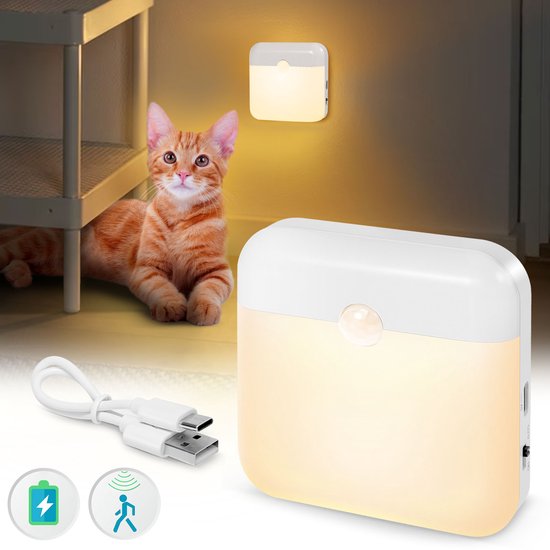 Rosnek 1 Stuk Oplaadbare Draadloze Nachtlamp met Bewegingssensor - Dag & Nacht Sensor - Warm Wit - Magnetisch & Plakbaar - Voor Kast, Trap, Slaapkamer van Rosnek