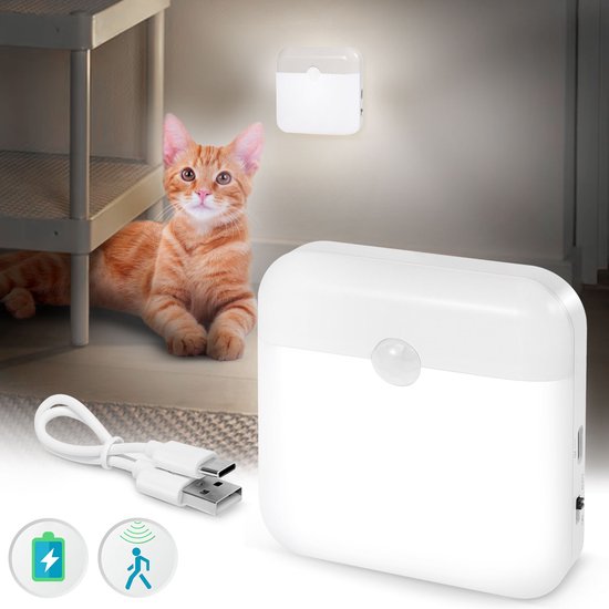 Rosnek 1 Stuk Oplaadbare Draadloze Nachtlamp met Bewegingssensor - Dag & Nacht Sensor - Wit - Magnetisch & Plakbaar - Voor Kast, Trap, Slaapkamer van Rosnek