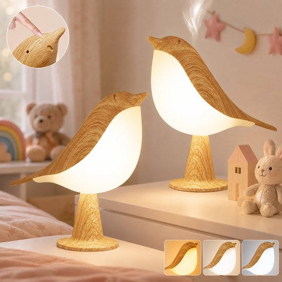 Rosnek 2 Stuks Draagbaar Vogel Nachtlampje Kinderkamer - Oplaadbare LED Tafellamp met Aanraaksensor - 3 Lichtstanden - Snoerloos - Kleur: Houtnerf
