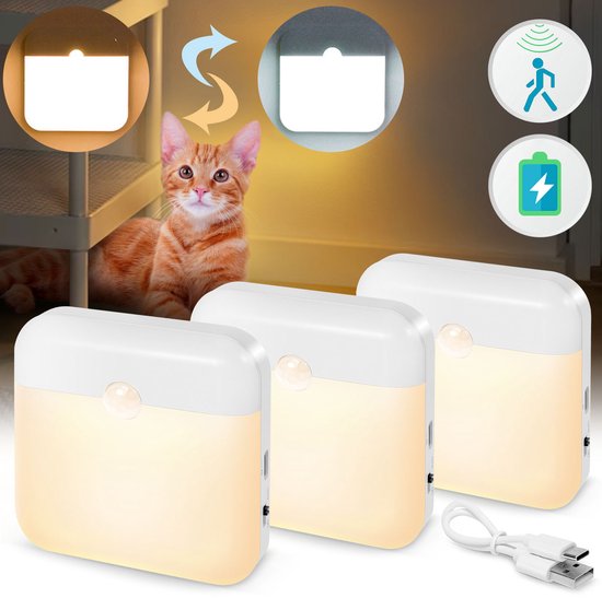 Rosnek 3 Stuks Oplaadbare Draadloze Nachtlamp met Bewegingssensor - 2 Lichtkleuren (Warm Wit/Wit) - Dag & Nacht Sensor - Magnetisch & Plakbaar - Voor Kast, Trap, Slaapkamer van Rosnek