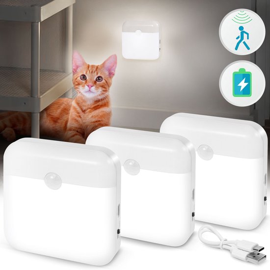 Rosnek 3 Stuks Oplaadbare Draadloze Nachtlamp met Bewegingssensor - Dag & Nacht Sensor - Wit - Magnetisch & Plakbaar - Voor Kast, Trap, Slaapkamer van Rosnek