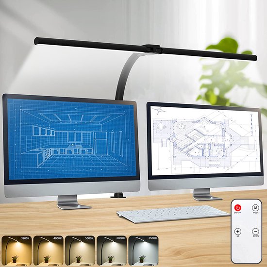 Rosnek Bureaulamp - 24W Bureaulamp LED Dimbaar met Dubbele Kop - Flexibele zwanenhalslamp Bureaulamp met Klem - 5 Dimniveaus & 5 Kleurtemperaturen Bureaulamp met afstandsbediening (3200-6500K) - Hoge Tafellamp voor Thuis, Kantoor, Lezen en Studeren