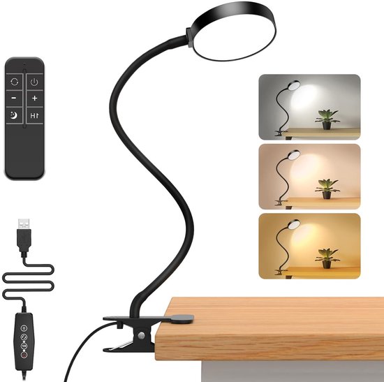 Rosnek Bureaulamp - 5W Leeslamp met Afstandsbediening Timing - 5 Dimniveaus & 3 Kleurtemperaturen Bureaulamp (3000-6000K) - Flexibele zwanenhalslamp Bureaulamp LED Dimbaar - Lampkop Diameter 9 cm Tafel, Bureau en Nachtkastje van Rosnek