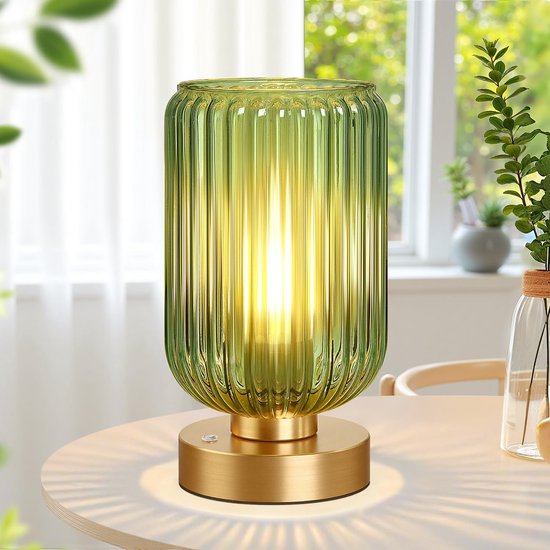Rosnek Bureaulamp LED 7500 mAh - Dimbare Aanraaklamp met Groene Glazen Kap & Gouden Metaal, 40 Uur Accu Draadloze Tafellamp - Moderne Lamp voor Slaapkamer, Nachtkastje, Woonkamer en Bureau van Rosnek