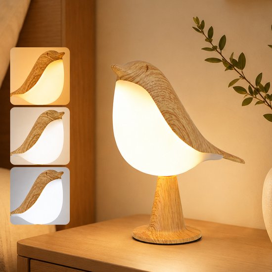 Rosnek Draagbaar Vogel Nachtlamp Kinderkamer - Oplaadbare LED Tafellamp met Aanraaksensor - 3 Lichtstanden - Snoerloos - Kleur: Houtnerf - 1 Stuk van Rosnek
