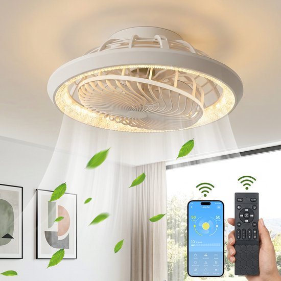 Rosnek Kristallen Plafondventilator met Verlichting - 49cm 360° Roterende Bladen - LED Plafonniere met Ventilator Dimbaar - Smart App - Woonkamer