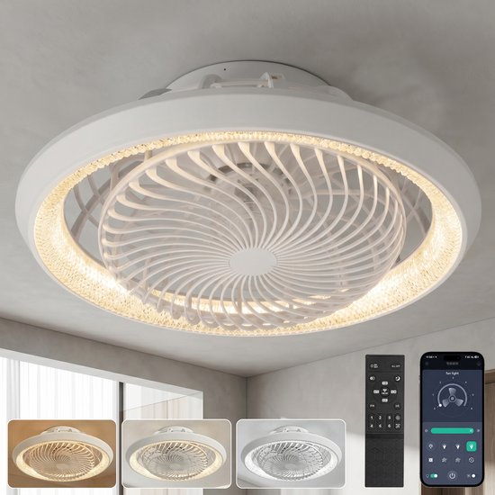 Rosnek Plafondventilator met Verlichting - 360° Roterende Luchtstroom - Stille Motor - App & Afstandsbediening - Dimbare LED - Kristallen Lampenkap - Plafondlamp met Ventilator Ø49cm