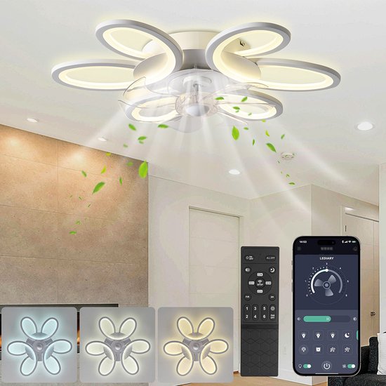 Rosnek - Plafondventilator met verlichting en 3 kleurtemperaturen- 35 W Plafondventilatoren met Verlichting - 65 cm Diameter en Afstandsbediening Slimme Plafondventilator - 6 Standen Bedienbaar via Mobiele APP - voor Woonkamer, Eetkamer, Slaapkamer