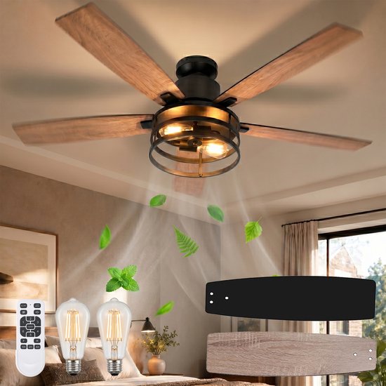 Rosnek Plafondventilator met Verlichting Ø132cm- Smart Lamp met Afstandsbediening - Plafonniere Keuken Lamp met 6 Ventilatiesnelheden - Plafond Ventilator Lamp met Timer, Landelijke Stijl voor Slaapkamer, Woonkamer & Terras